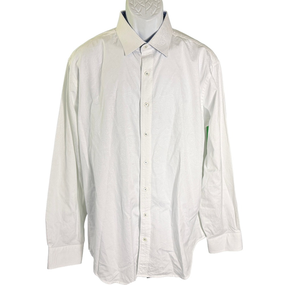 Bugatchi Button Down Shirt Mens XL White Paisley Jacquard Classic Fit LS
